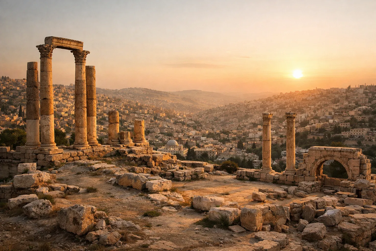 Ancient Roman columns atop a hilltop citadel overlooking a sprawling hillside city at golden hour.