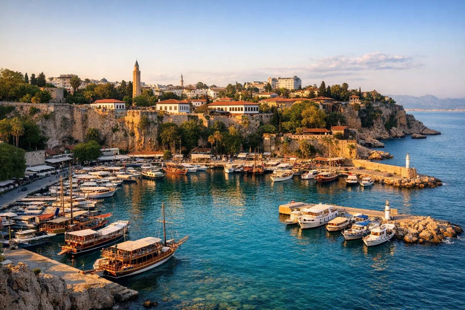 The small stone harbour of Kaleiçi in Antalya beneath coastal cliffs and blue water.