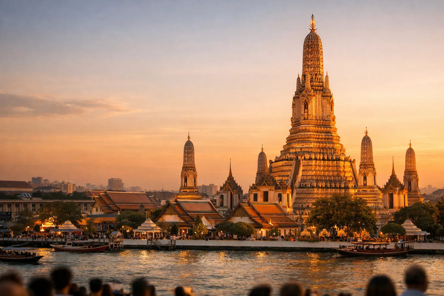 The ornate, porcelain-encrusted spire of Wat Arun glowing at golden hour beside the river.
