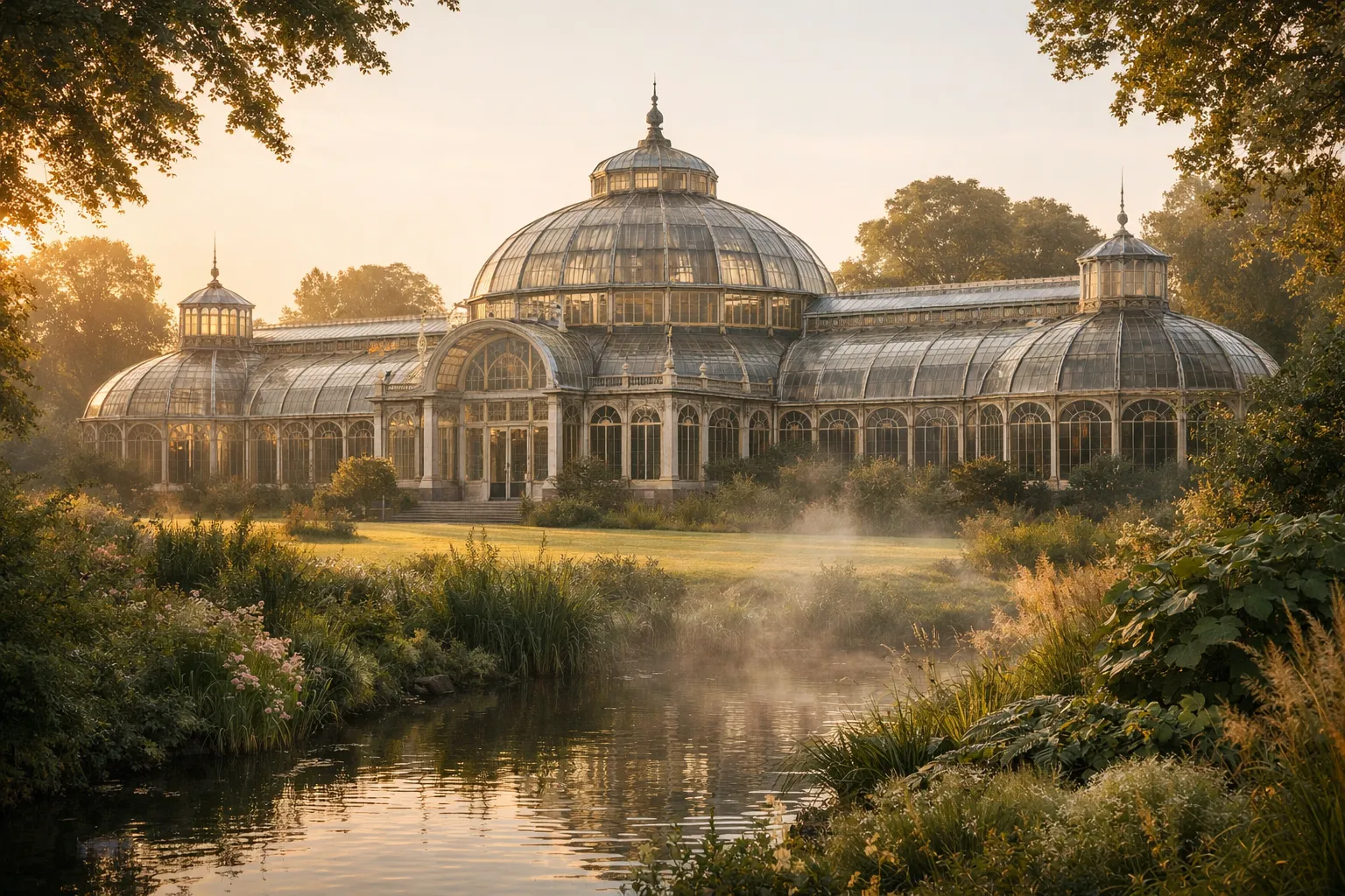 A Victorian glass and iron botanical garden glasshouse surrounded by lush greenery in soft morning light.