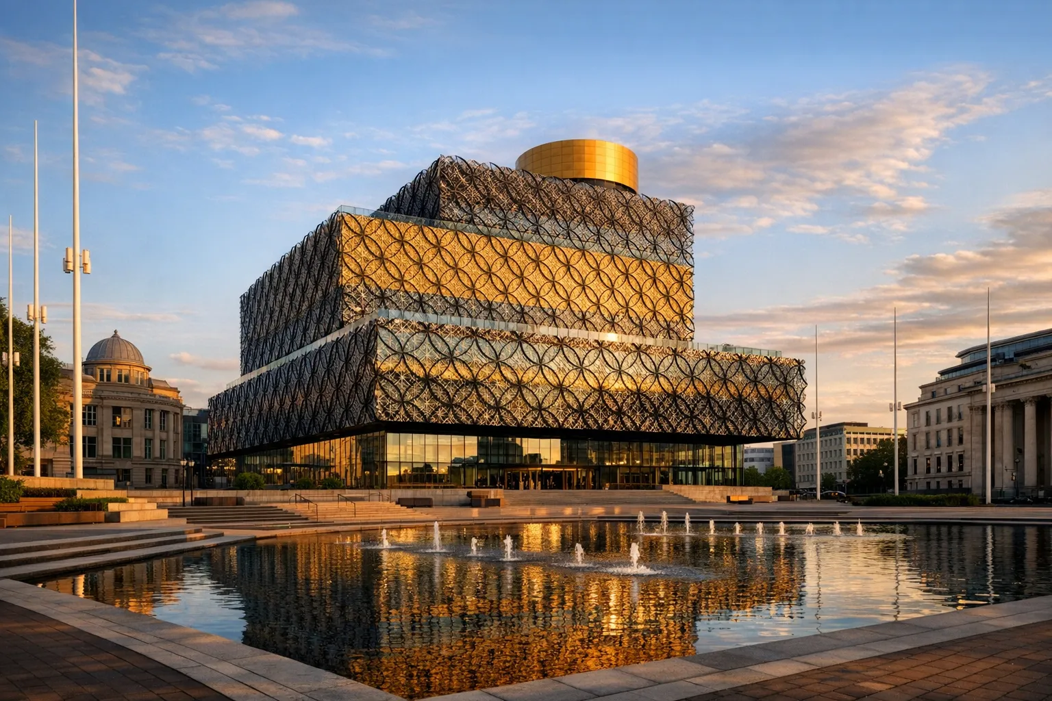 The layered, patterned facade of the Library of Birmingham beside the open paving of Centenary Square.