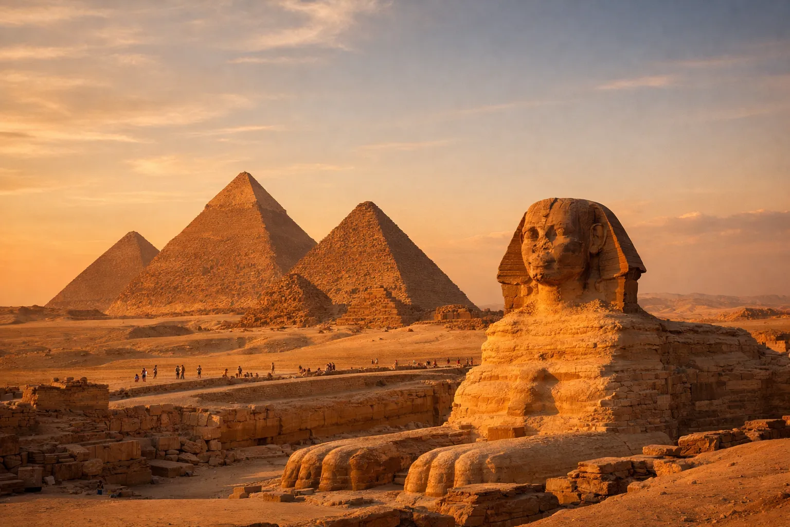 The Great Pyramids of Giza and the Sphinx bathed in warm golden light over the desert sand.