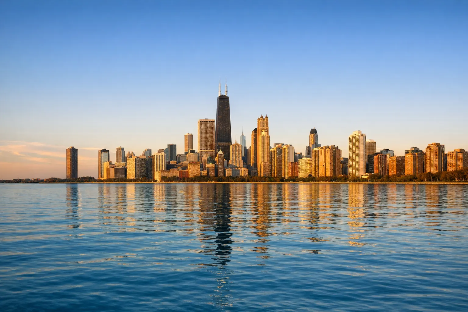 The Chicago skyline rising beside the blue waters of Lake Michigan.
