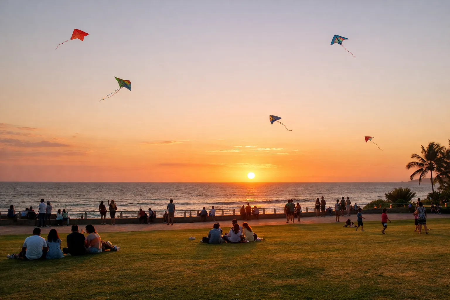 A wide seaside promenade lawn overlooking the Indian Ocean under a warm orange sunset.
