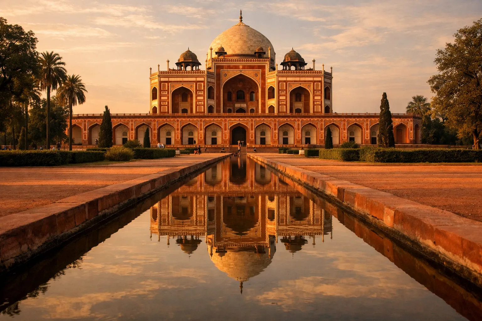 A red sandstone and white marble Mughal tomb reflected in a still garden water channel at golden hour.