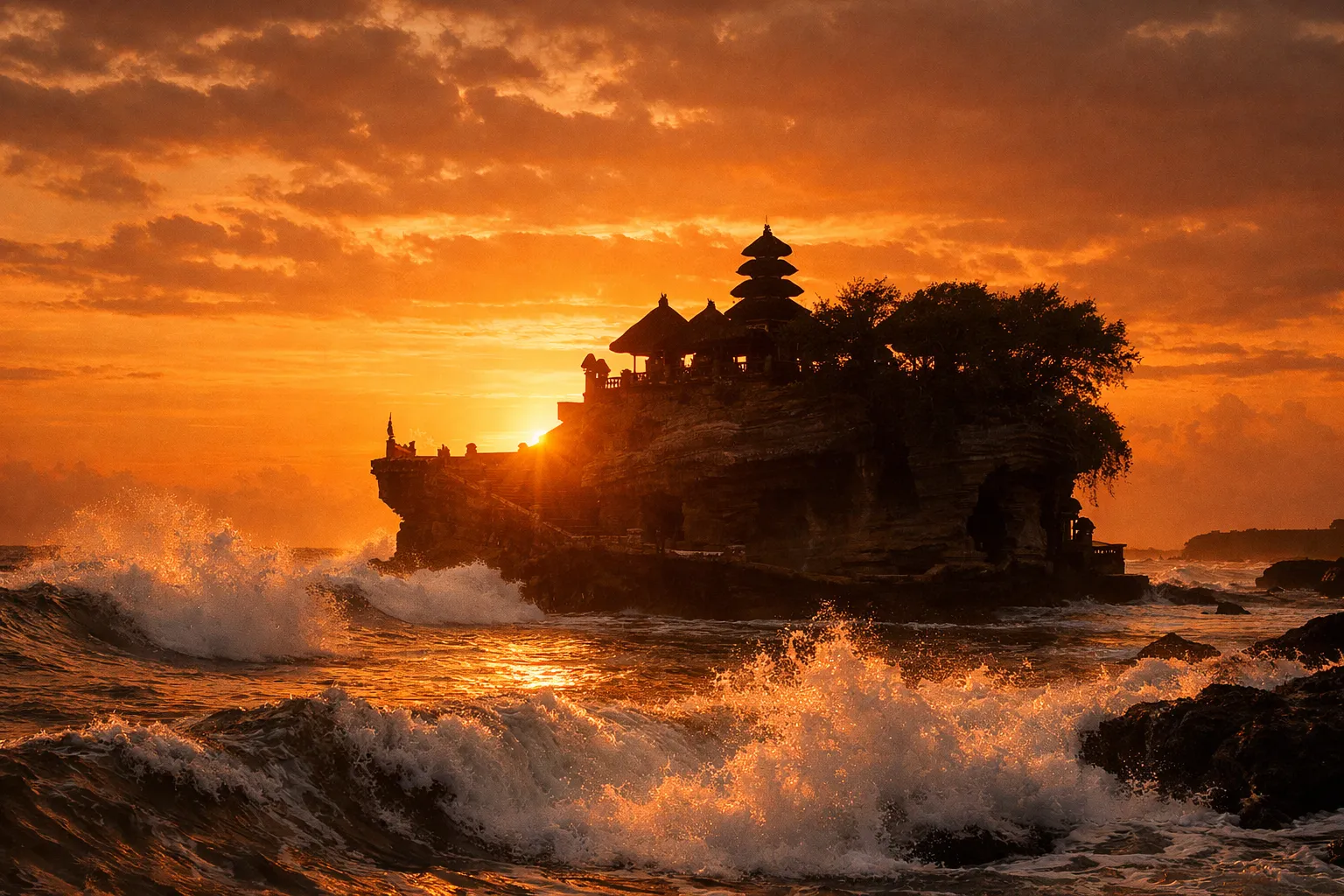 A temple perched on an offshore rock formation, silhouetted against a dramatic orange sunset with waves below.