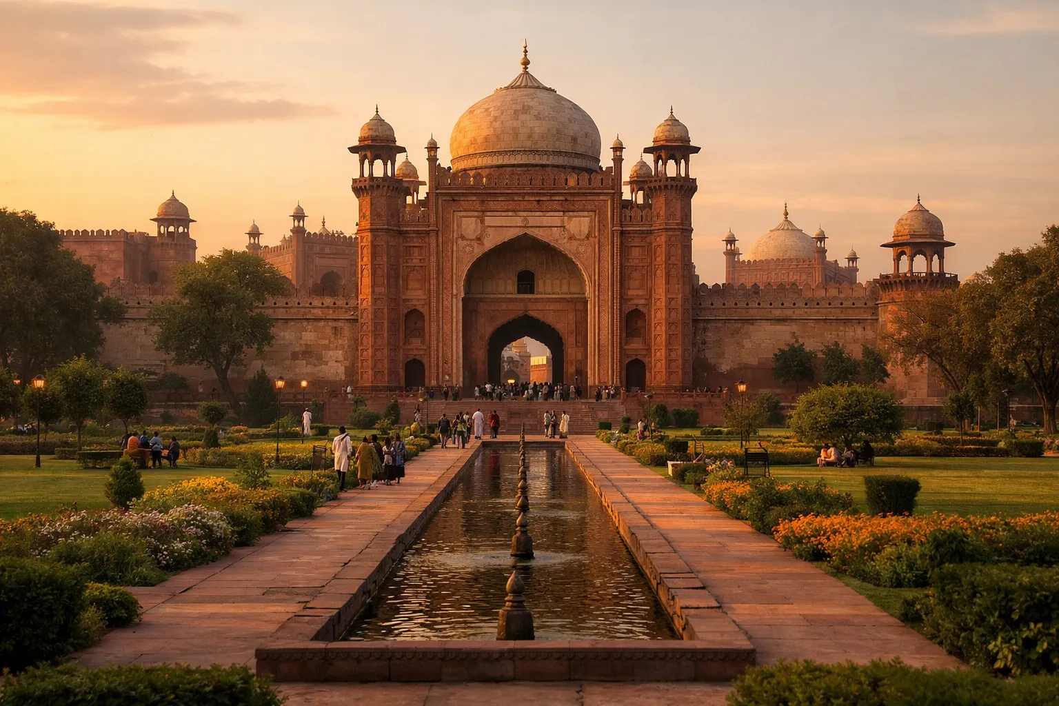 The domed gateway and gardens of a historic Mughal-era fort glowing at golden hour.