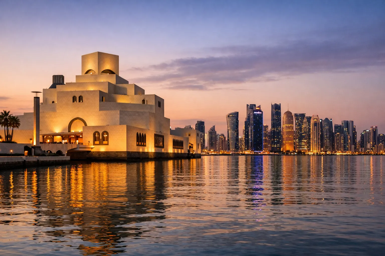 The geometric limestone facade of a waterfront museum glowing at dusk against the Doha skyline.