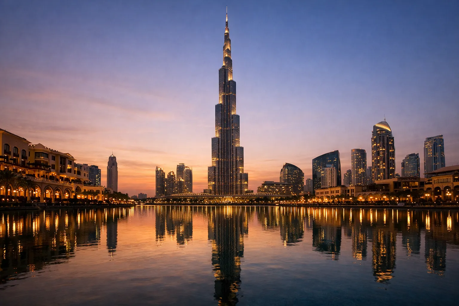 The Burj Khalifa rising above the illuminated Dubai Fountain at dusk, its reflection glowing on the water.
