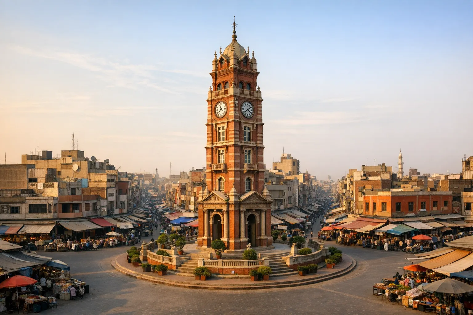 The Victorian-era Clock Tower of Faisalabad at the centre of its eight surrounding bazaars.