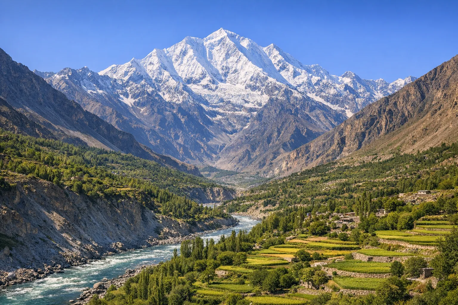 The snow-covered peak of Rakaposhi rising above the green Gilgit-Hunza valley.