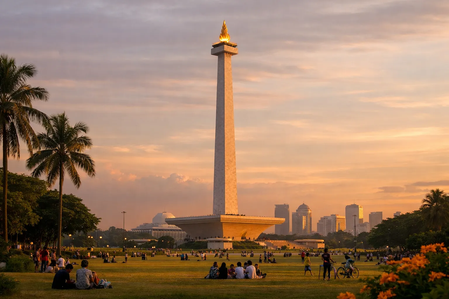 The tall marble National Monument obelisk, topped with a gold flame, glowing at golden hour above a park.