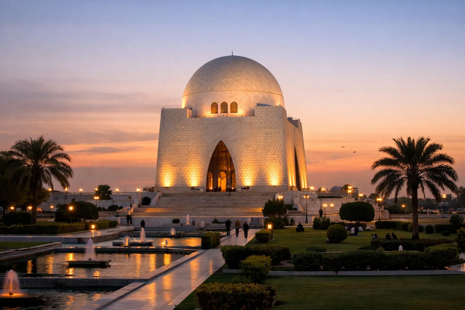 The white marble dome of Mazar-e-Quaid mausoleum illuminated at dusk above its garden grounds.