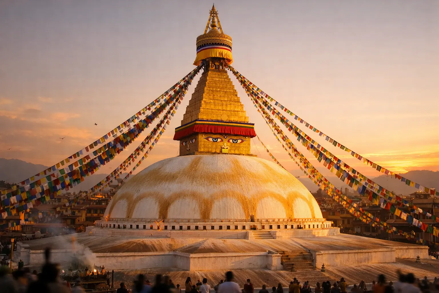 The white dome and golden spire of Boudhanath Stupa, painted eyes gazing outward, strung with colourful prayer flags.