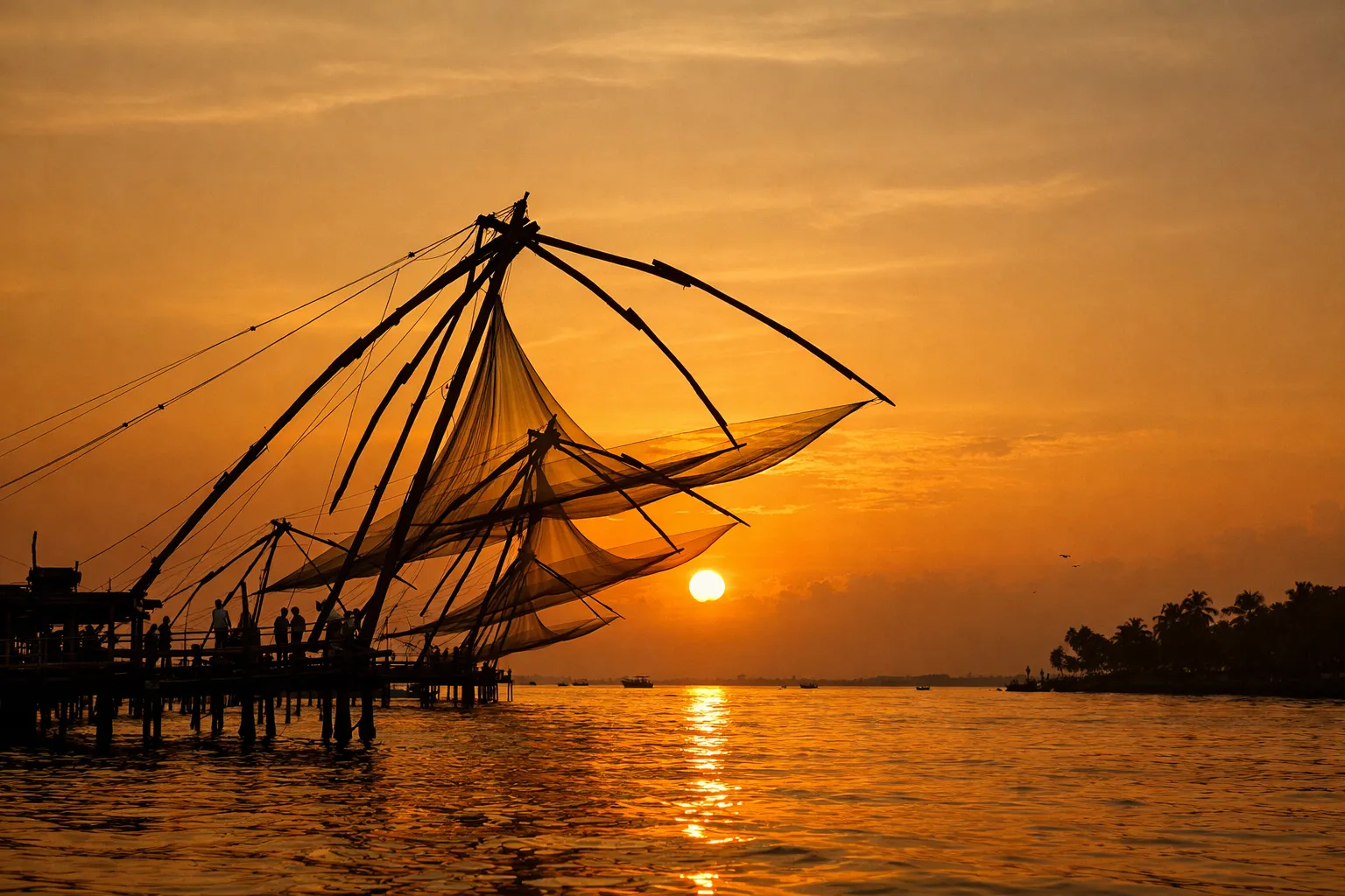Giant cantilevered Chinese fishing nets silhouetted against a golden sunset over the water.