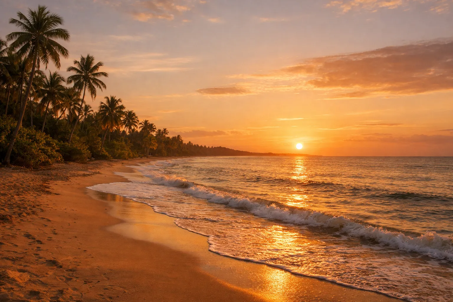A palm-fringed sandy beach coastline glowing under a warm sunset sky.