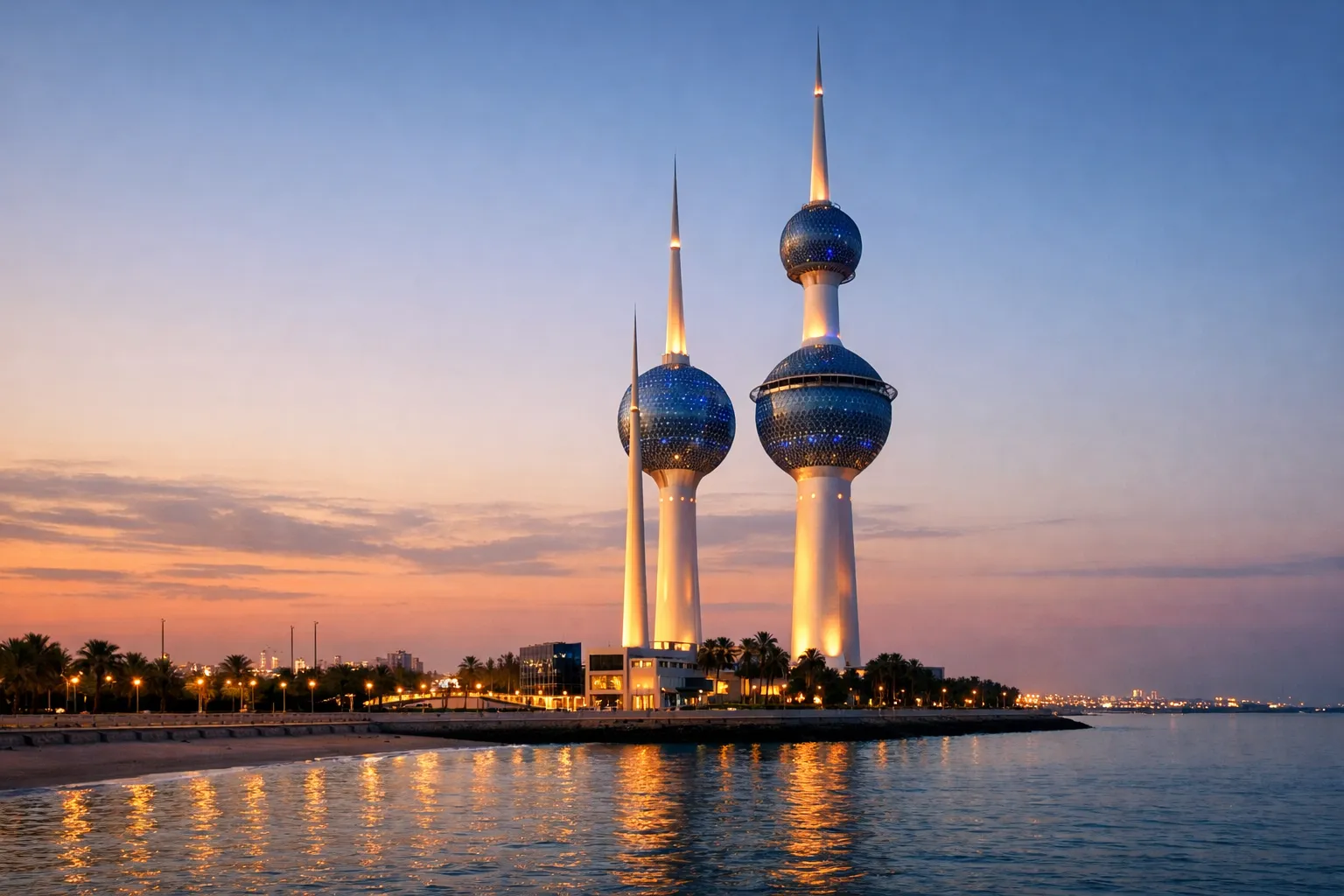 The distinctive spherical Kuwait Towers illuminated at dusk above the Arabian Gulf waterfront.