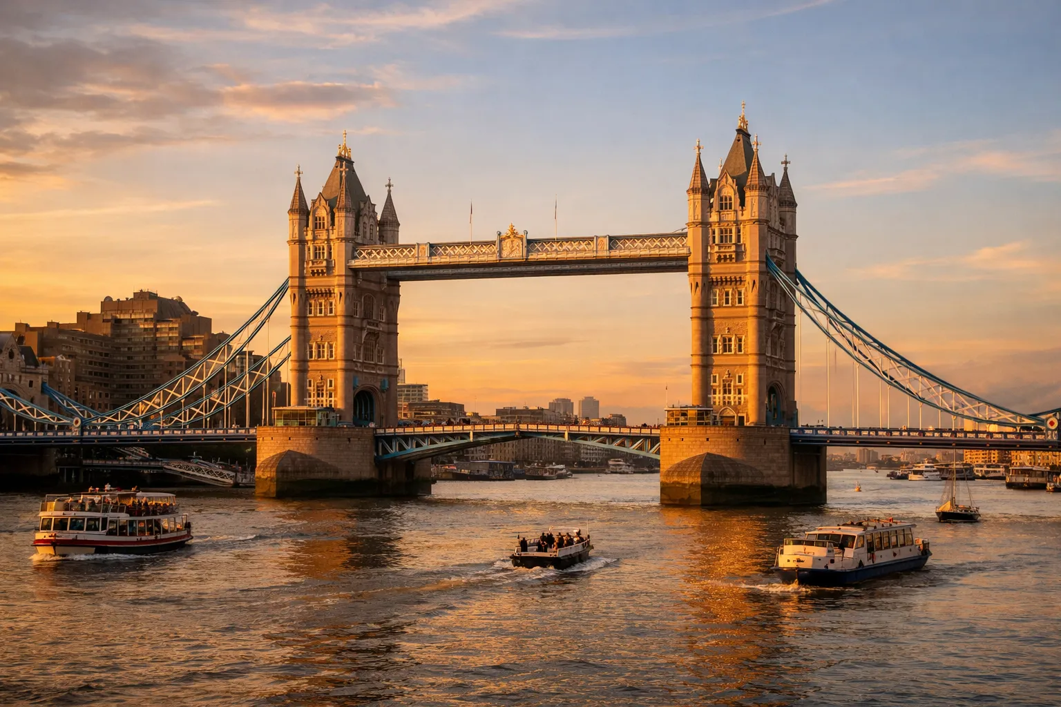Tower Bridge spanning the Thames River, its twin stone towers glowing at golden hour.
