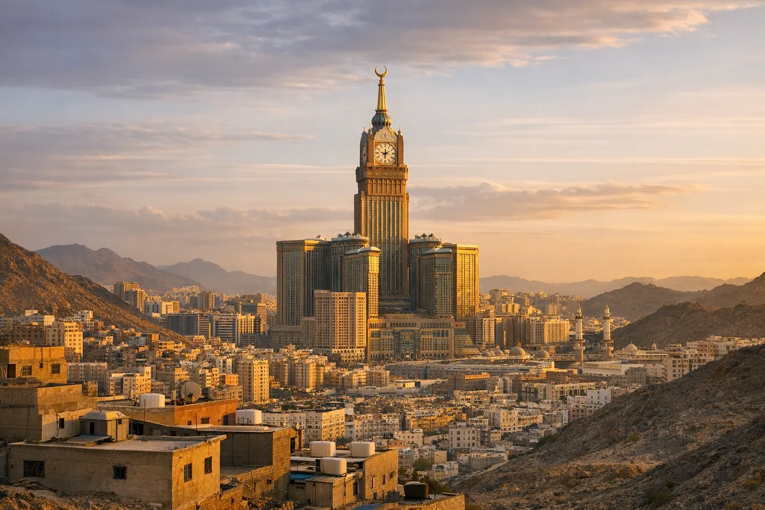 Makkah skyline with the Abraj Al Bait clock tower at sunset