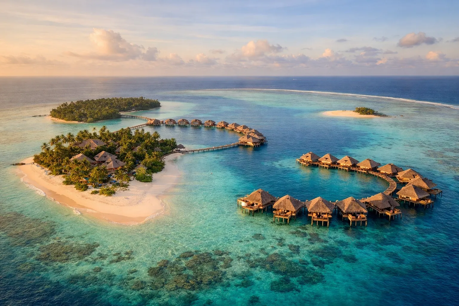 An aerial view of a turquoise coral atoll with overwater bungalows and a white sand beach.