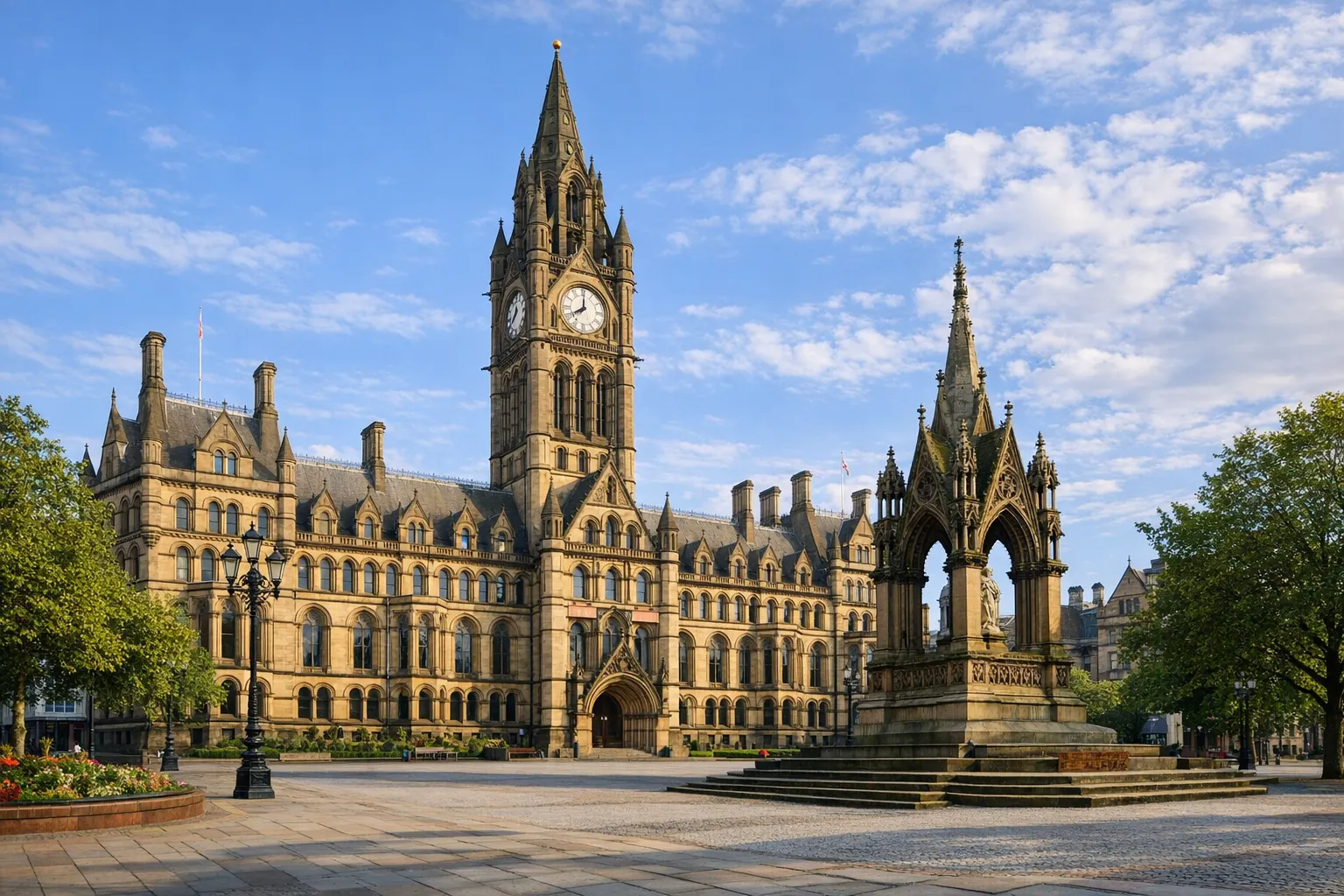 The Gothic clock tower of Manchester Town Hall rising above the open square in front of it.
