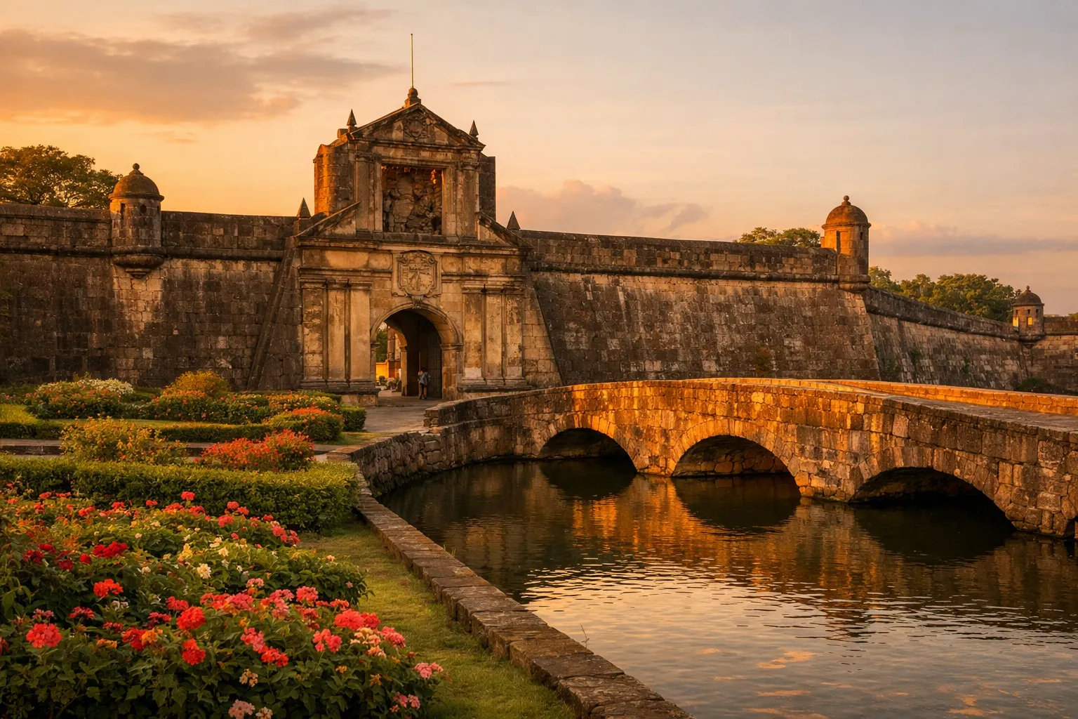 The stone gate and walls of a historic walled fort glowing at golden hour above a garden moat.