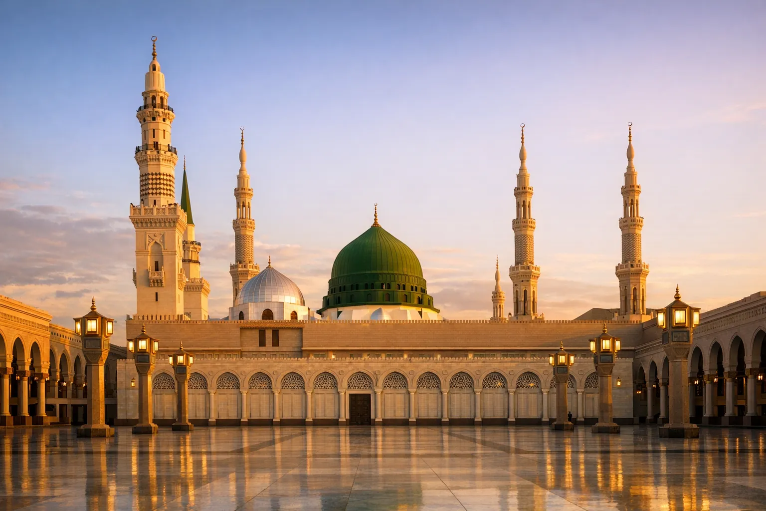 The green dome and tall minarets of Al-Masjid an-Nabawi in Medina rising above the mosque courtyards.