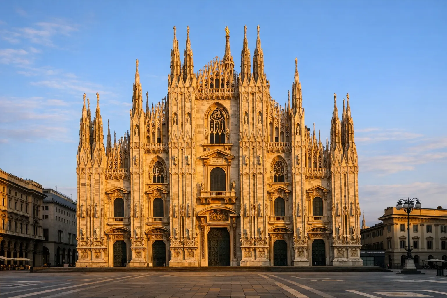 The white marble spires and facade of the Duomo di Milano in the city’s central square.