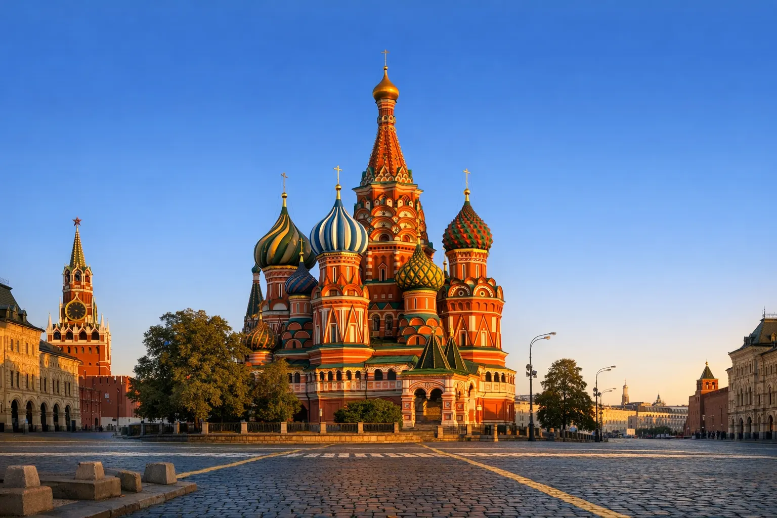 The colourful onion domes of St Basil’s Cathedral on Red Square in Moscow.