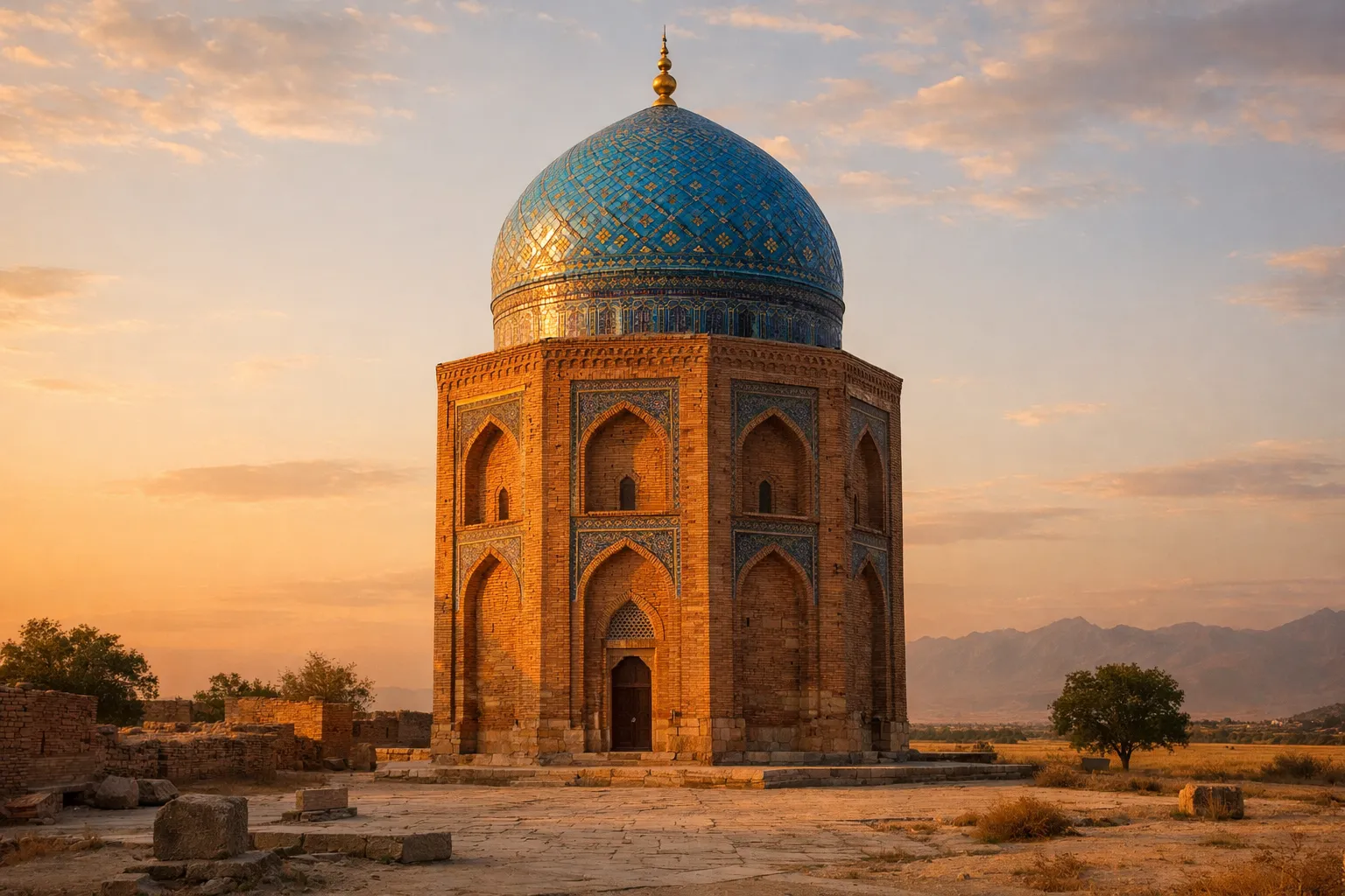 A blue-tiled dome and octagonal brick shrine walls glowing at golden hour.