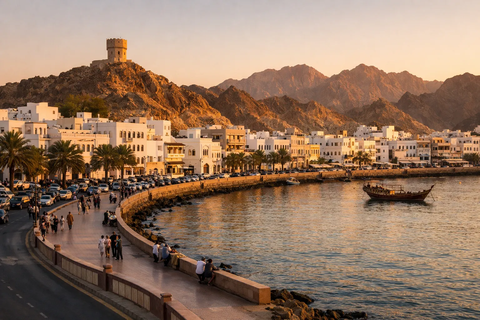 A curving waterfront corniche beneath a hilltop watchtower and rugged mountains, glowing at golden hour.