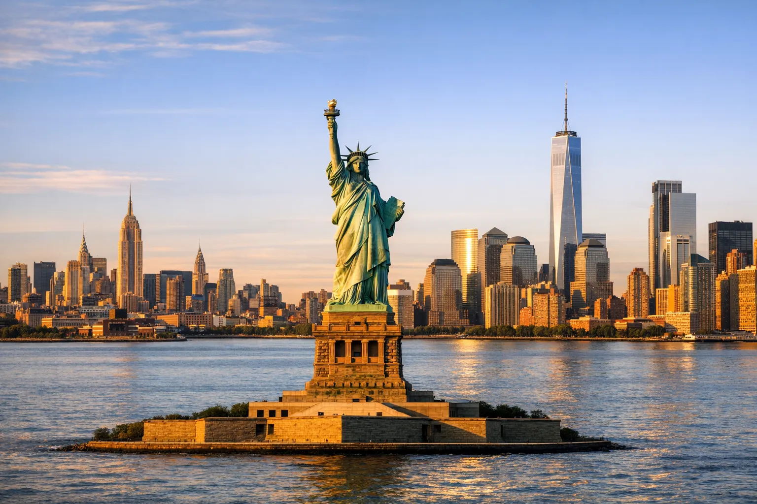 The Manhattan skyline across the harbour with the Statue of Liberty in the foreground.
