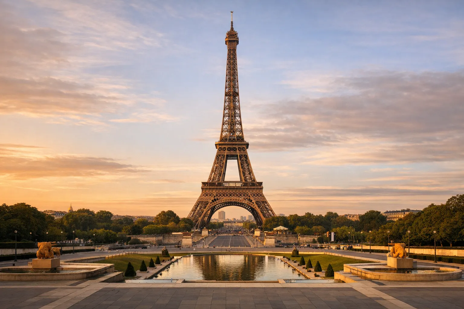 The Eiffel Tower seen across the Trocadéro gardens under a soft evening sky.