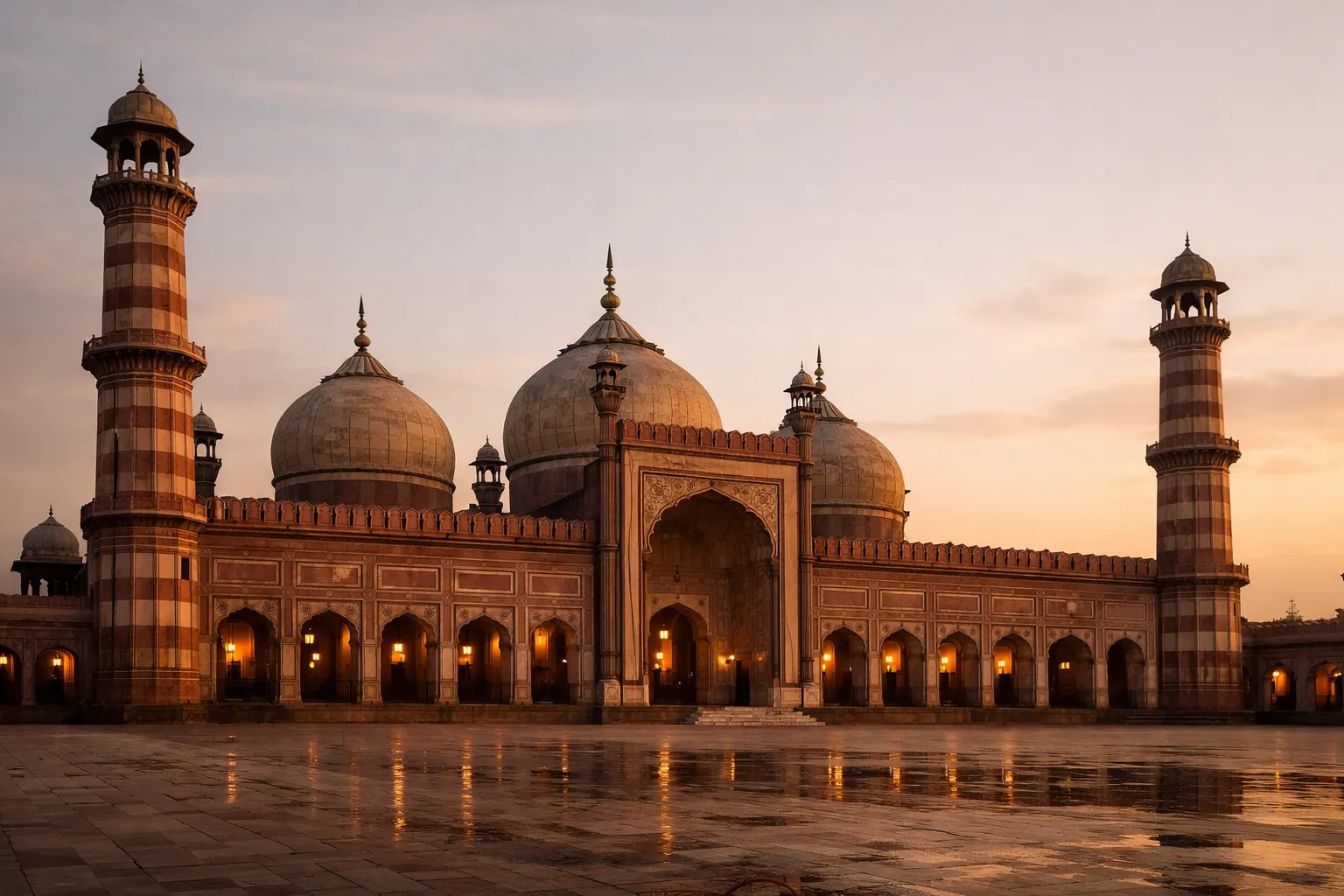 The striped minarets and arched courtyard of a historic mosque glowing at golden hour.