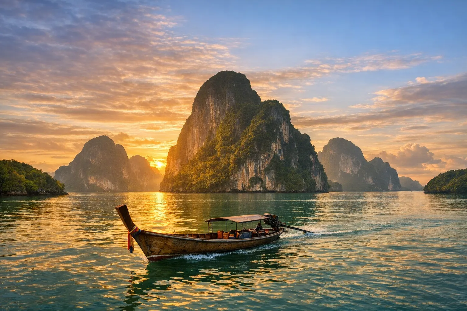 Tall limestone islands rising from the green water of Phang Nga Bay near Phuket.