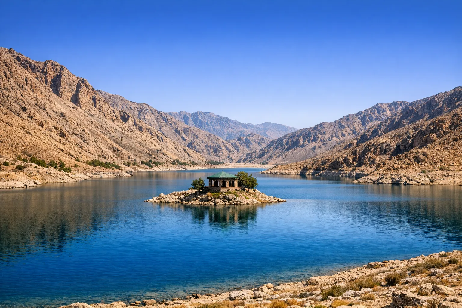 The still blue water of Hanna Lake near Quetta ringed by dry brown mountains.