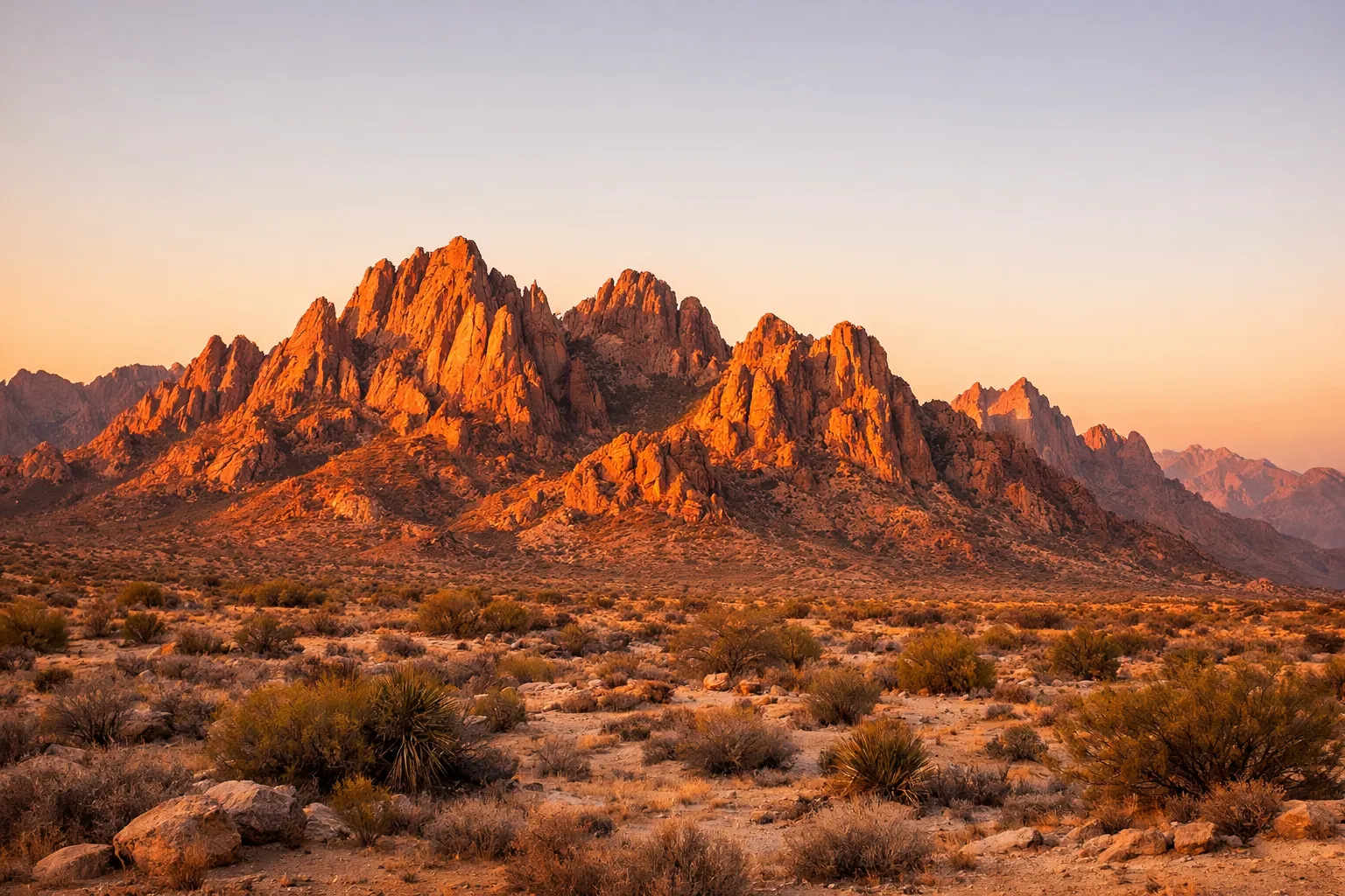 The rugged rocky peaks of a desert mountain range glowing orange at golden hour.