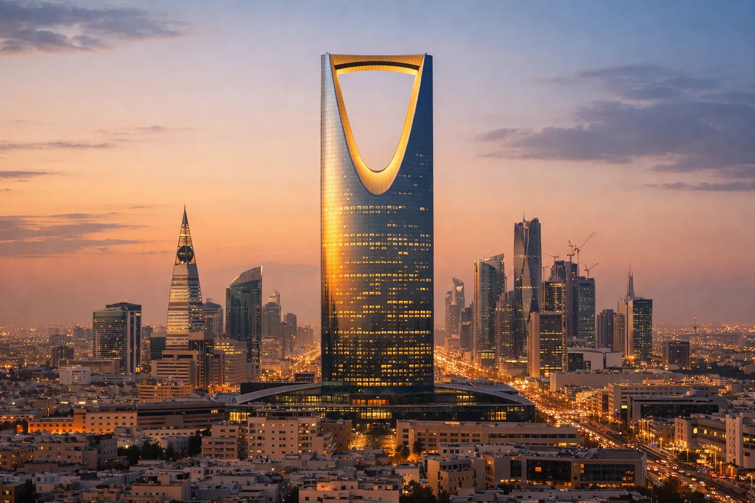 The distinctive inverted-arch Kingdom Centre tower illuminated at dusk within the modern Riyadh skyline.