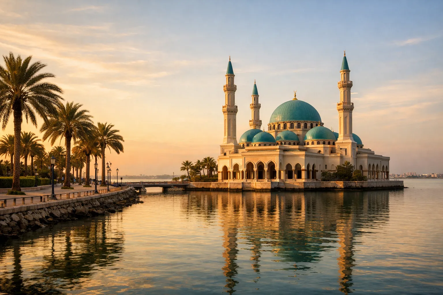 A turquoise-domed waterfront mosque glowing beside a calm lagoon at golden hour.
