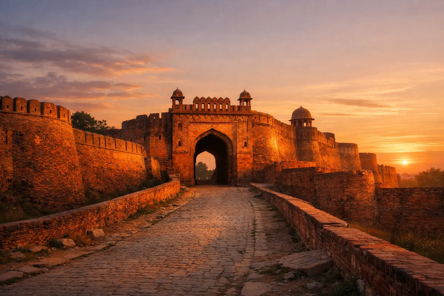 The weathered brick ramparts of an old fort glowing orange under a sunset sky.