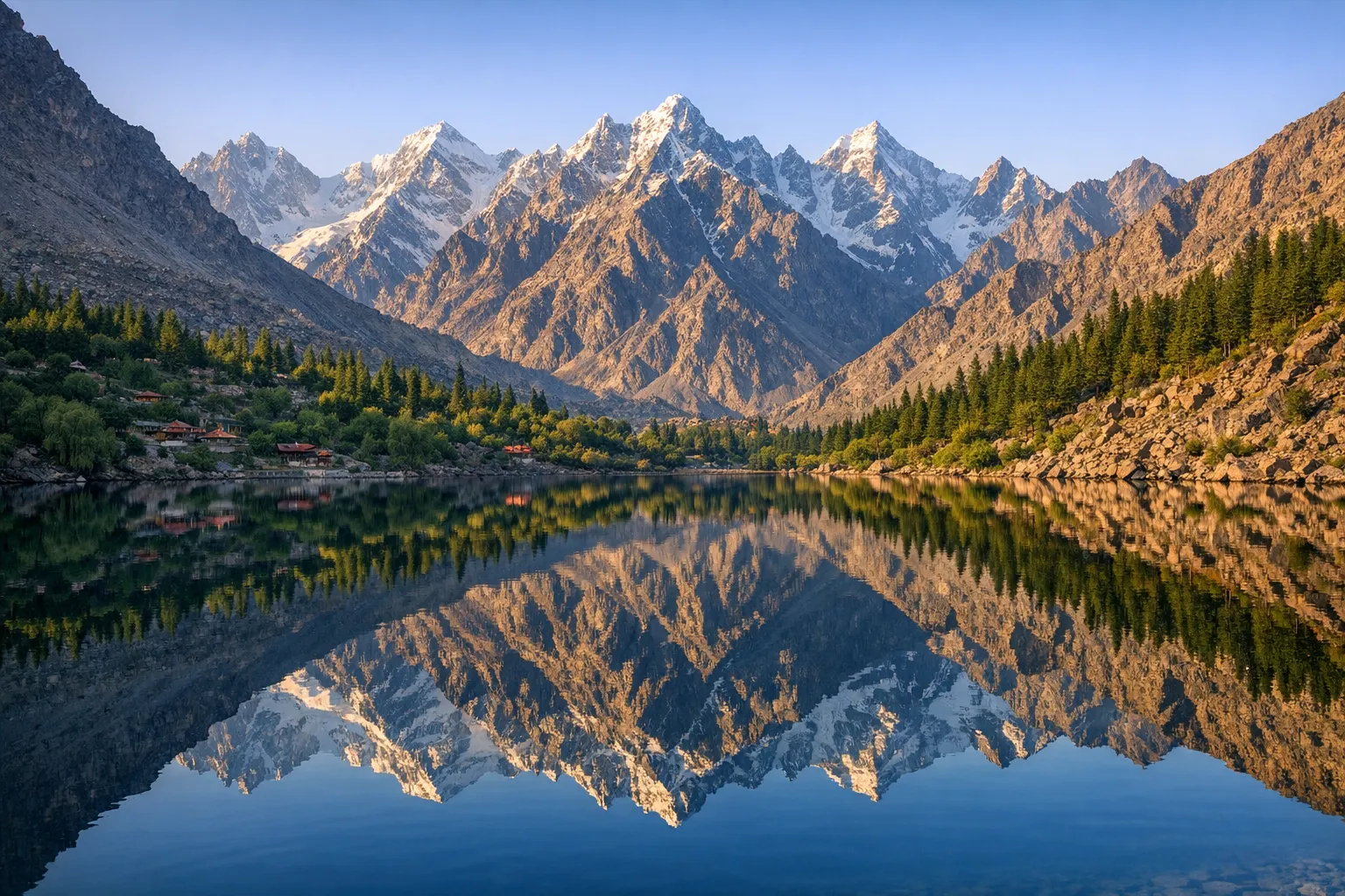 Upper Kachura Lake near Skardu below the snow-capped peaks of the Karakoram range.