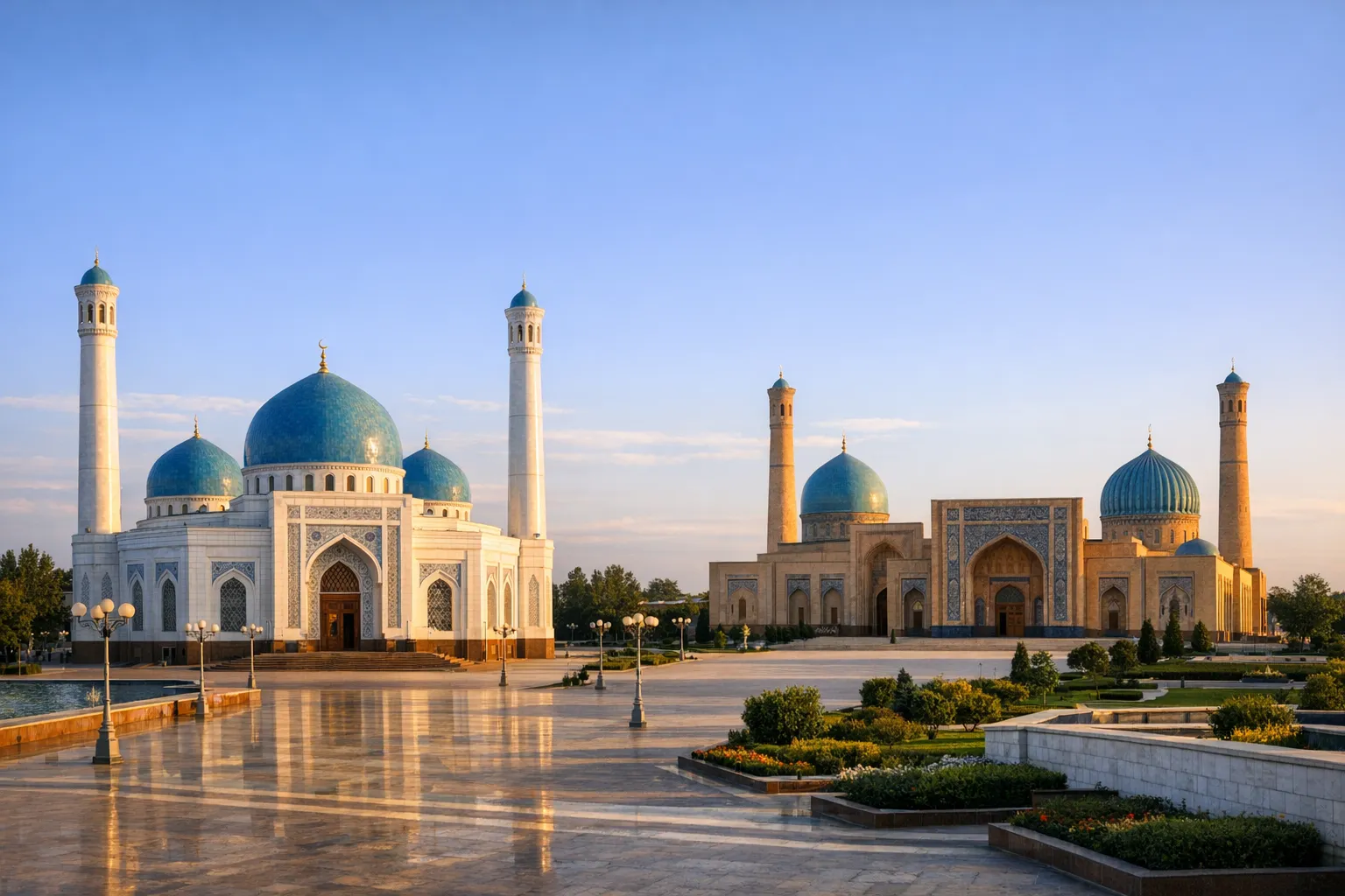 The white Minor Mosque and the blue domes of the Hazrat Imam complex in Tashkent.