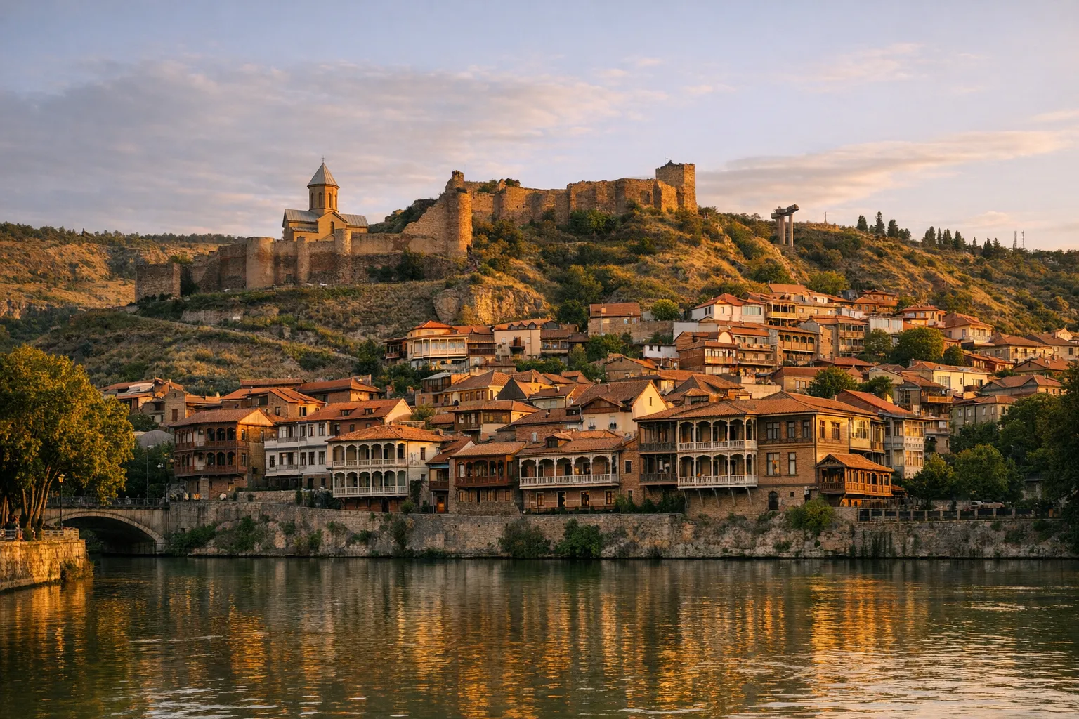 Colourful old houses of Tbilisi below the hilltop Narikala Fortress.