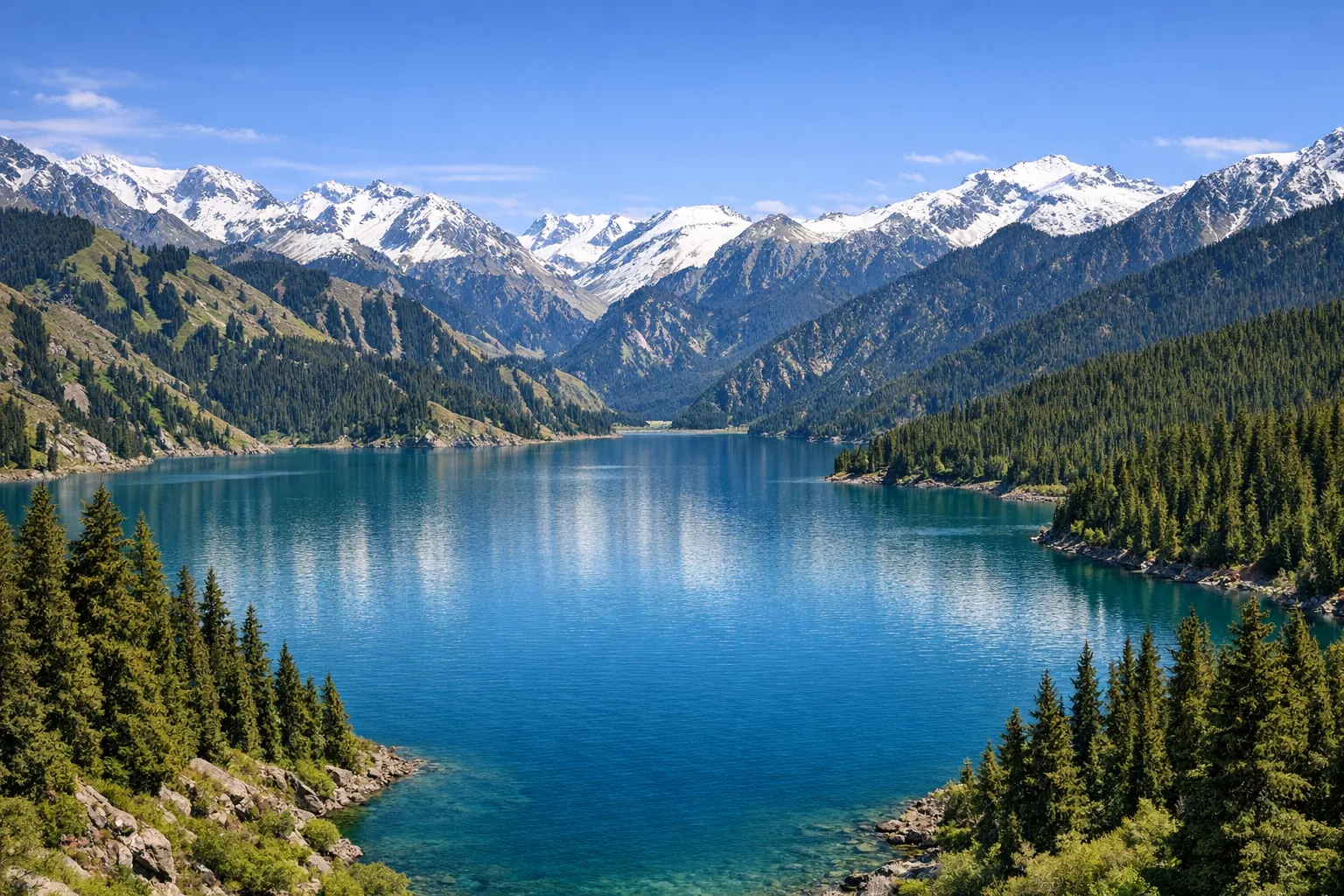 The calm blue Heavenly Lake in the Tianshan mountains near Ürümqi, ringed by forested slopes.