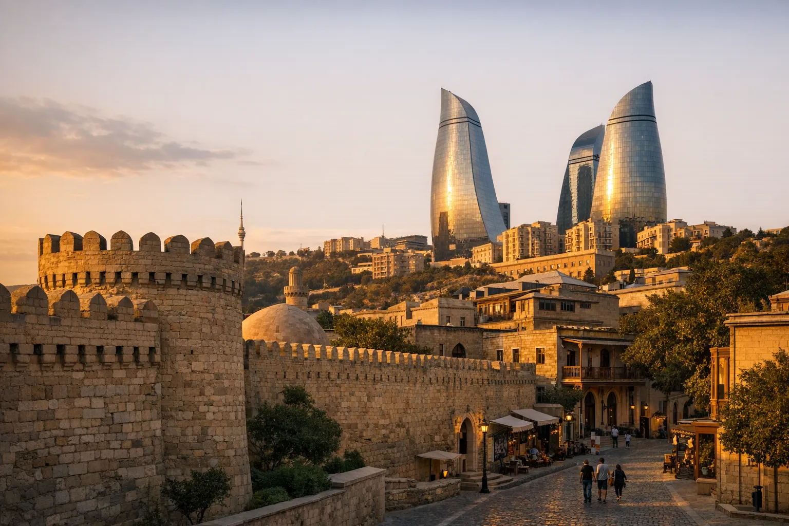 The stone walls of Baku's Old City with the Flame Towers rising behind at golden hour