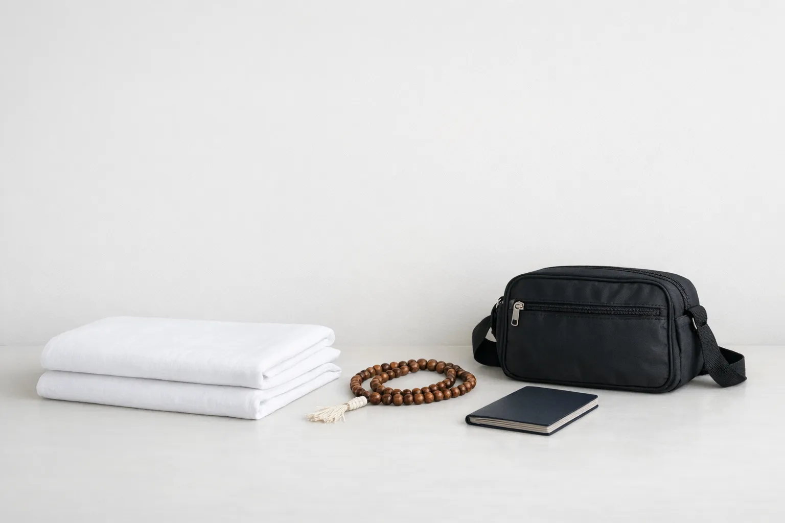Umrah essentials: white Ihram cloth, prayer beads, a small travel bag and a passport on a light surface