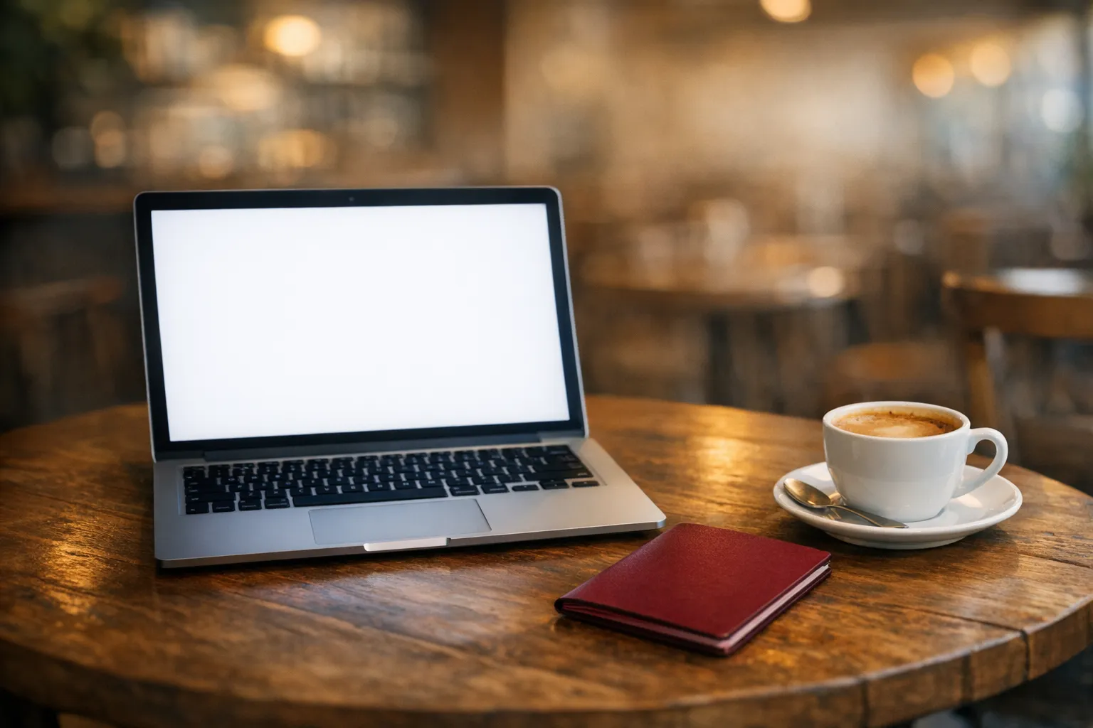 Laptop and passport on a cafe table, ready for an online e-Visa application