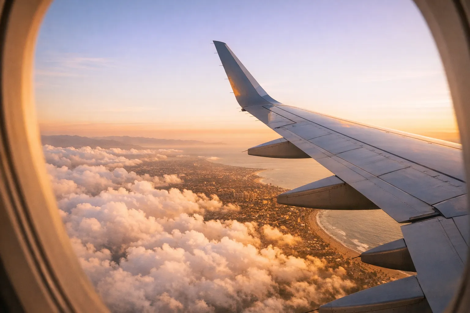 Aeroplane wing above clouds at sunrise