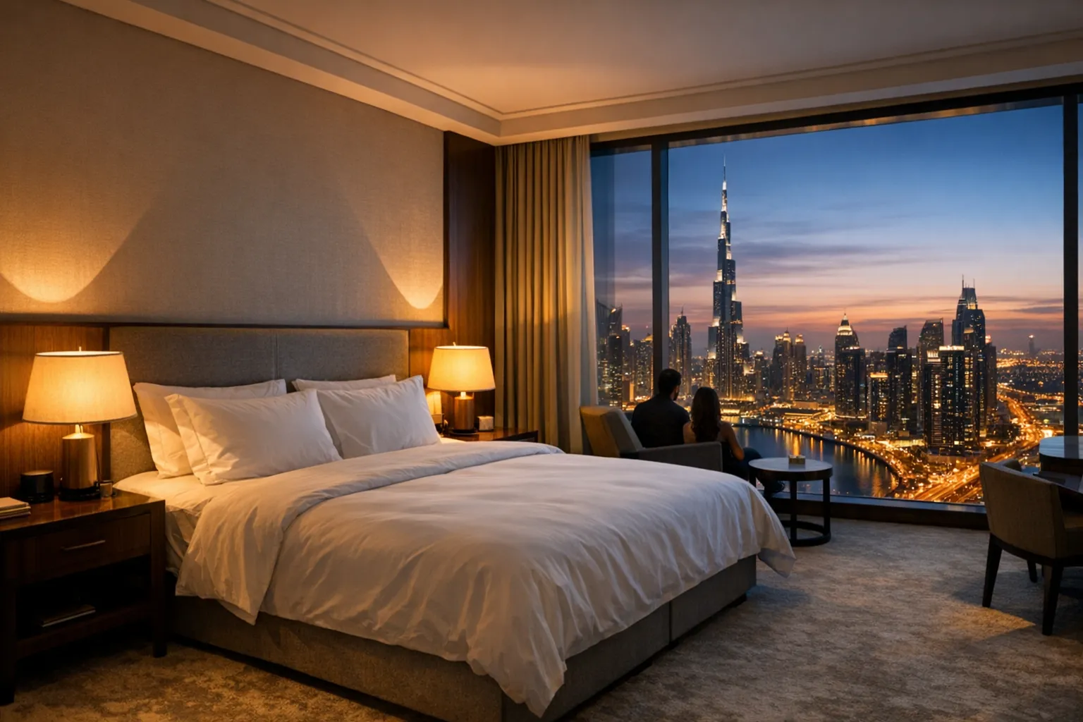 Hotel room with a large window looking over a city