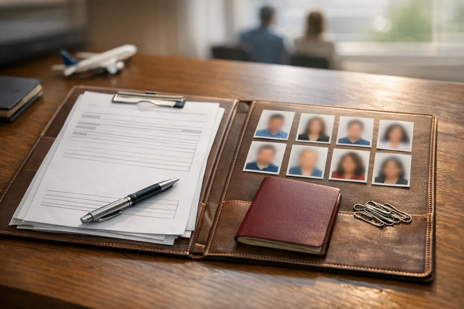 Visa application folder with forms, passport photos and a passport